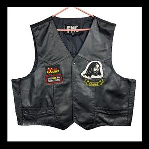 FMC Leather Vest Men’s Sz 64 Motorcycle Biker 5XL Black Team Jesus Church Patch